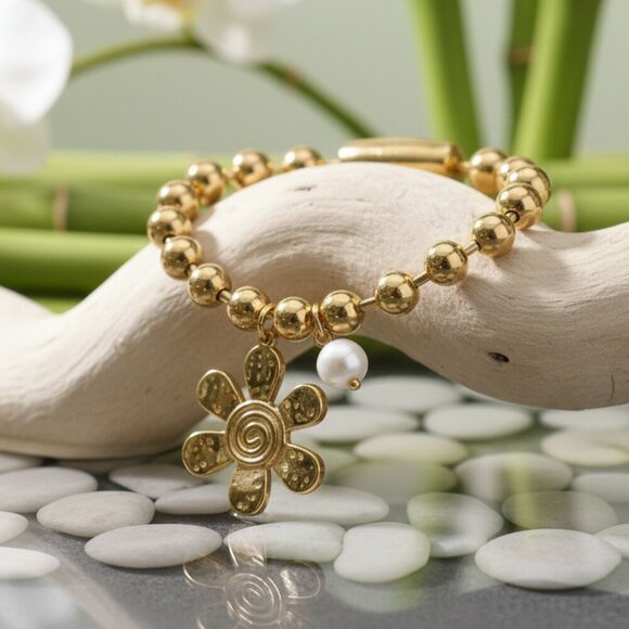 Chunky 24K Gold Plated Stainless Steel Bracelet Flower Charm Genuine Pearl - Picture 5 of 13